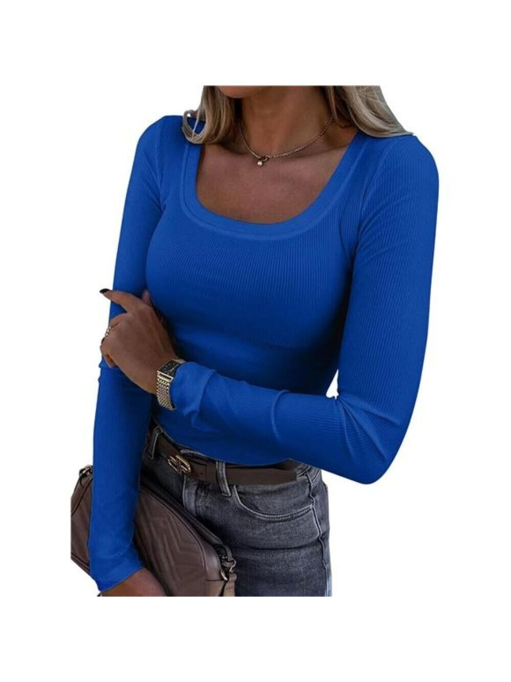 Womens Long Sleeve Scoop Neck Ribbed Knit Top Slim Fitted Casual Basic Shirt